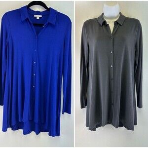 Pure Collection Modal Tunic Long Sleeve Button Down Collared Gray Blue Size 6